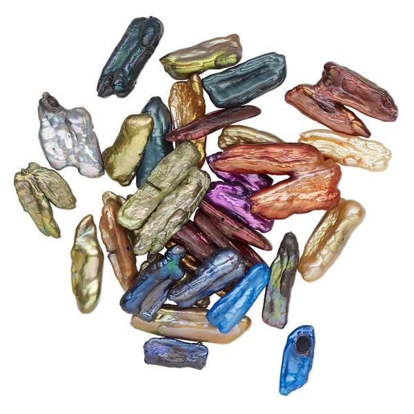 Pearl mix, cultured freshwater (dyed), mixed colors, 11x5mm-51x28mm stick with 0.4-0.6mm hole, D grade, Mohs hardness 2-1/2 to 4. Sold per 2-ounce pkg, approximately 30 beads. image number 0