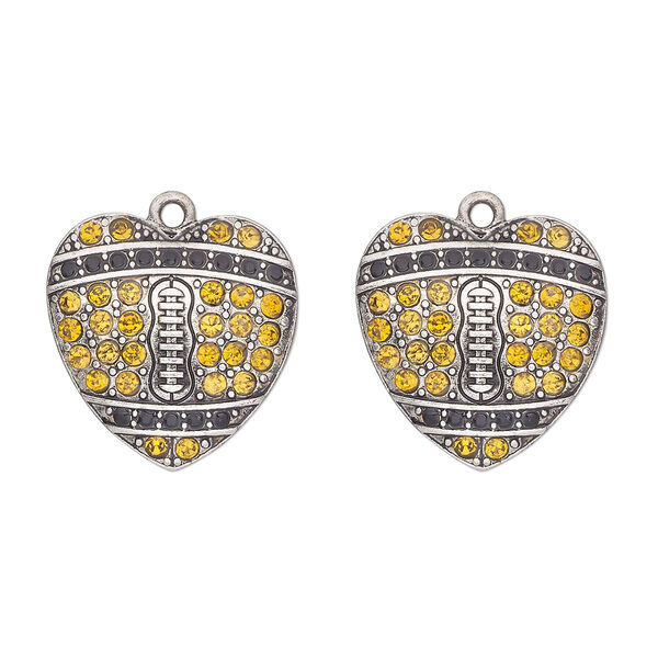 Charm, antique silver-finished "pewter" (zinc-based alloy) and glass, black and yellow, 23x22mm single-sided heart with "football pattern". Sold per pkg of 2. image number 0