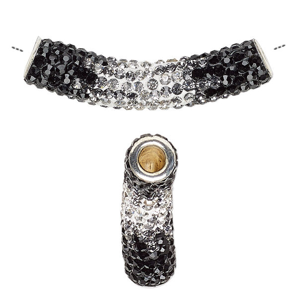 Bead, Dione®, resin / glass rhinestone / silver-plated brass, black / grey / clear, 47x9mm curved tube, 4mm hole. Sold individually. image number 0