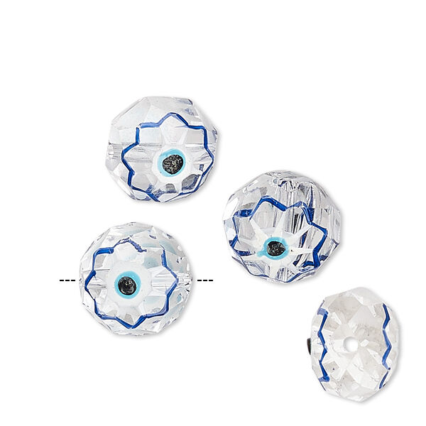Bead, lampworked glass, multicolored, 12mm double-sided faceted round with hand-painted wards off the evil eye design. Sold per pkg of 4. image number 0