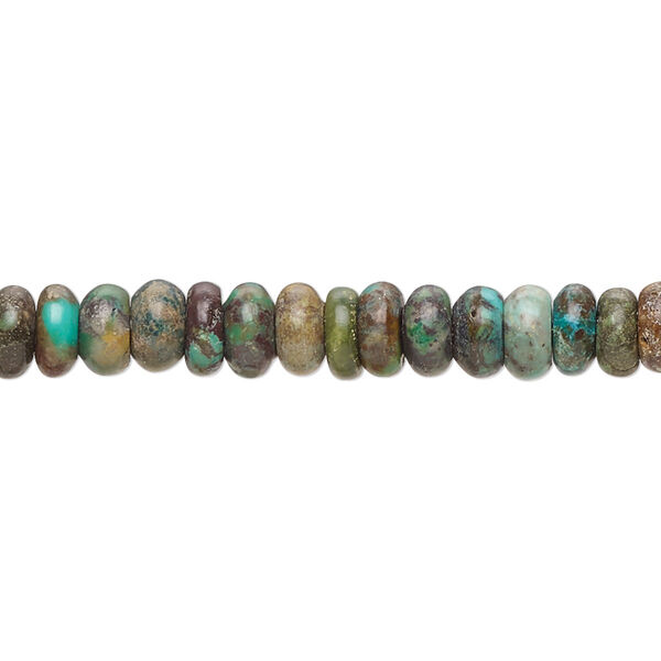 Bead, turquoise (dyed / stabilized), green-brown, 6x2mm-7x4mm rondelle with 0.8-1.1mm hole, C- grade, Mohs hardness 5 to 6. Sold per 15-1/2" to 16" strand. image number 0