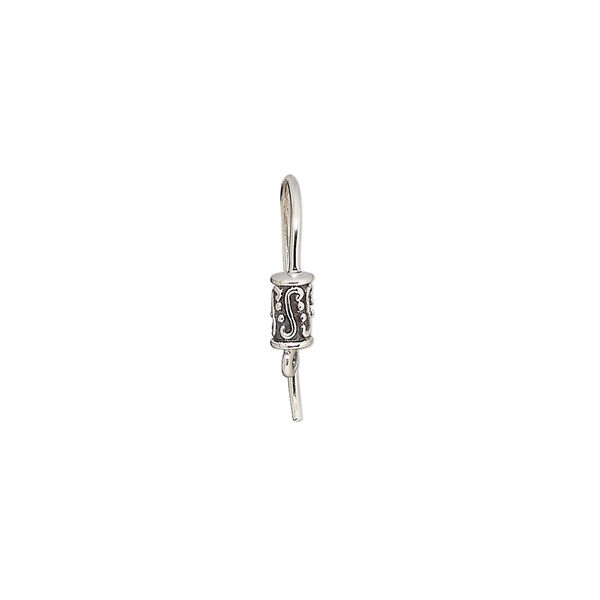 Ear wire, antiqued sterling silver, 15mm fishhook with fancy cylinder design and closed loop, 20 gauge. Sold per pair. image number 0