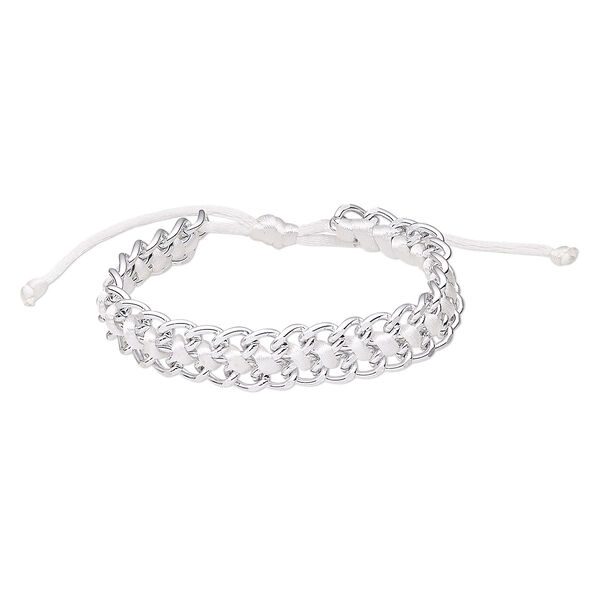 Bracelet, nylon and silver-coated plastic, white, 14mm wide, adjustable from 6-1/2 to 9-1/2 inches with wrapped knot closure. Sold individually. image number 0