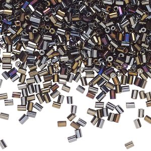 Bugle bead glass 1pk #1 round tube, 50 gram opaque brown iris black