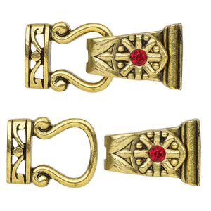 Clasp magnetic fold-over 1pkg2 "pewter" (zinc alloy), 29x13mm, antique gold-finished / red rhinestone 2-strand
