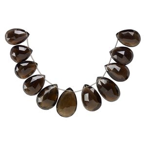 Smoky quartz 1pkg11, hand-cut top-drilled faceted puffed teardrop bead graduated 30x19mm-36x25mm