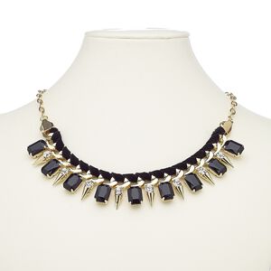 Necklace, acrylic / glass rhinestone / velveteen / gold-finished steel / "pewter" (zinc-based alloy), black and clear, spike, 18 inches with 2-inch extender chain and lobster claw clasp. Sold individually.