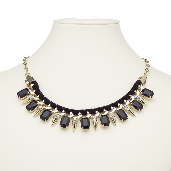 Necklace, acrylic / glass rhinestone / velveteen / gold-finished steel / "pewter" (zinc-based alloy), black and clear, spike, 18 inches with 2-inch extender chain and lobster claw clasp. Sold individually. image number 0