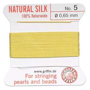 Thread, Griffin, silk, yellow, size #5. Sold per 2-meter card (approximately 78 inches).