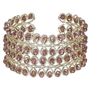 Bracelet, cuff, glass and gold-finished steel, purple AB, 42mm wide with rondelle, adjustable from 7-1/2 to 8 inches. Sold individually.