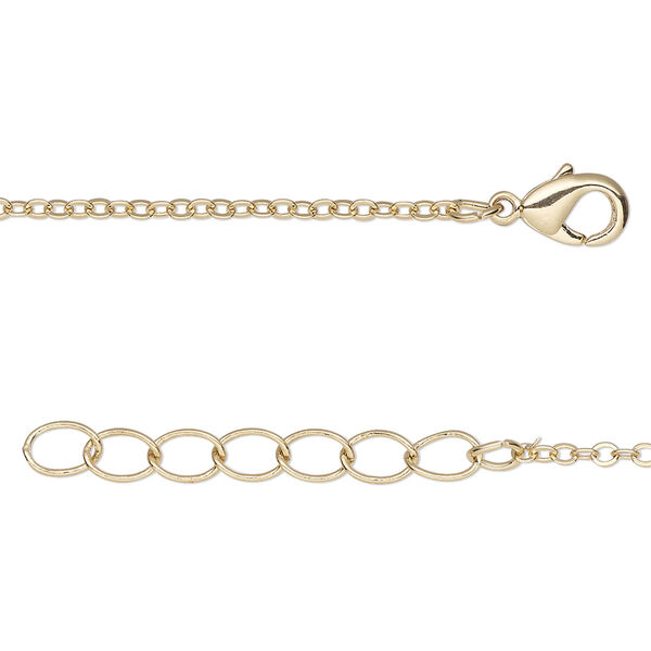 Chain, gold-finished brass, 1.5-1.7mm cable, 20 inches long with 1-1/4 inch extender chain and lobster claw clasp. Sold per pkg of 2. image number 0