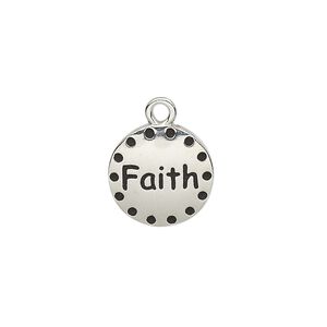Drop, enamel and imitation rhodium-plated "pewter" (zinc-based alloy), black, 14.5mm single-sided round with "Faith." Sold individually.