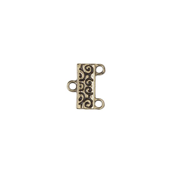 End bar, antique gold-finished "pewter" (zinc-based alloy), 12x5mm double-sided rectangle with swirl design and 2 loops. Sold per pkg of 12. image number 0