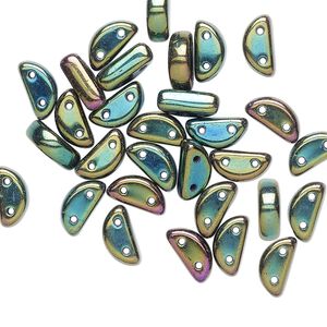 Bead, Preciosa, Czech pressed glass, opaque iris green, 8.5x3mm half moon with (2) 0.8-0.9mm holes. Sold per pkg of 20.