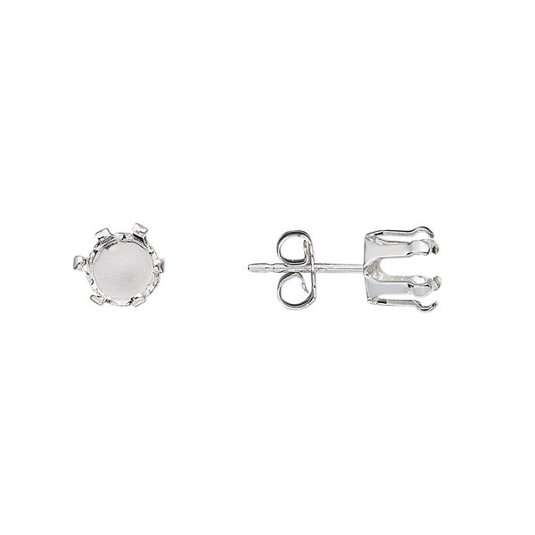 Earstud, Snap-Tite®, sterling silver, 6mm 6-prong round setting. Sold per pair. image number 0