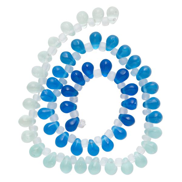Bead, glass, translucent matte pale blue, blue and royal blue, 8x6mm top-drilled teardrop with irregular rondelles. Sold per 14-inch strand. image number 0