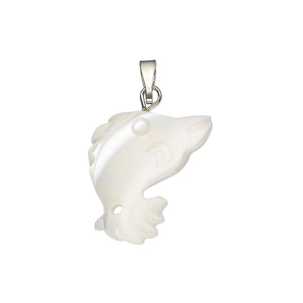 Pendant, mother-of-pearl shell (bleached) / antique silver-finished "pewter" (zinc-based alloy) / steel, 22x17mm-23x18mm single-sided carved bird head. Sold individually. image number 0
