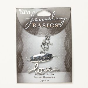 Charm and link assortment, antique silver-finished "pewter" (zinc-based alloy), 27x14mm "Hope" charm / 30x11mm hammered oval link with "Believe" / 32x14mm "love" link. Sold per pkg of 3.