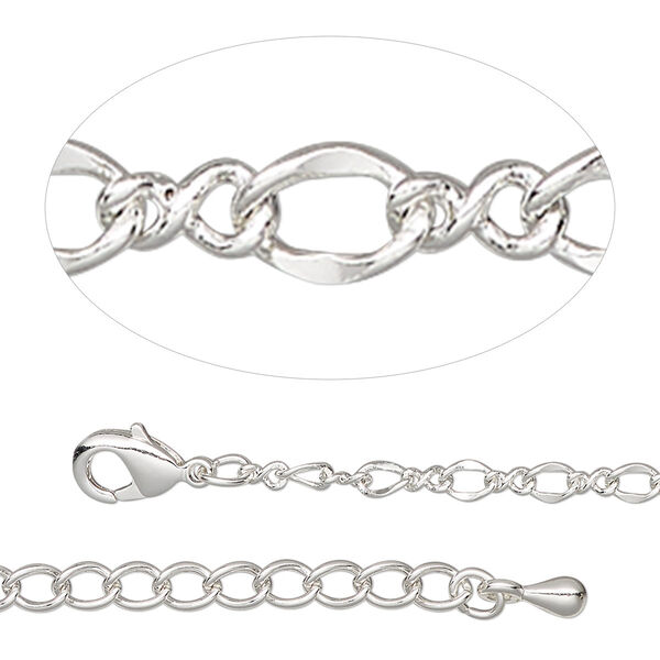 Chain, silver-plated steel and brass, 2.7mm figure 8, 7-1/2 inches with 2-inch extender chain and lobster claw clasp. Sold individually. image number 0