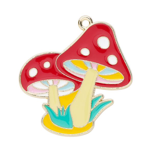 Focal, gold-finished "pewter" (zinc-based alloy) and enamel, multicolored, 36x32.5mm mushrooms. Sold individually. image number 0
