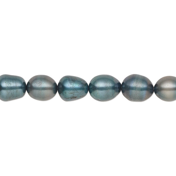 Pearl, cultured freshwater (dyed), iris green, 7-8mm rice, C grade, Mohs hardness 2-1/2 to 4. Sold per 16-inch strand. image number 0