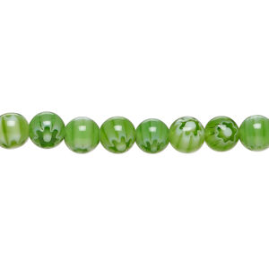 Bead, millefiori glass 1pkg1, translucent dark green and white, 6mm round, 15 inches.