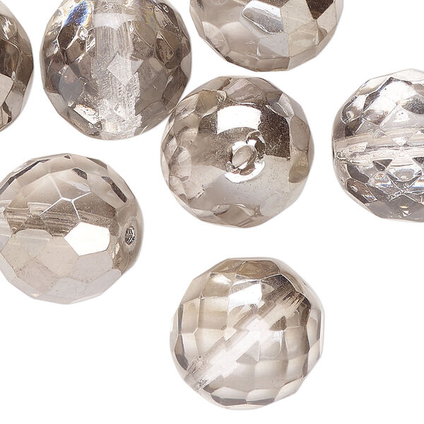Bead, Czech fire-polished, half-coated silver glass, opaque and transparent clear, 16mm faceted round. Sold per pkg of 10. image number 0