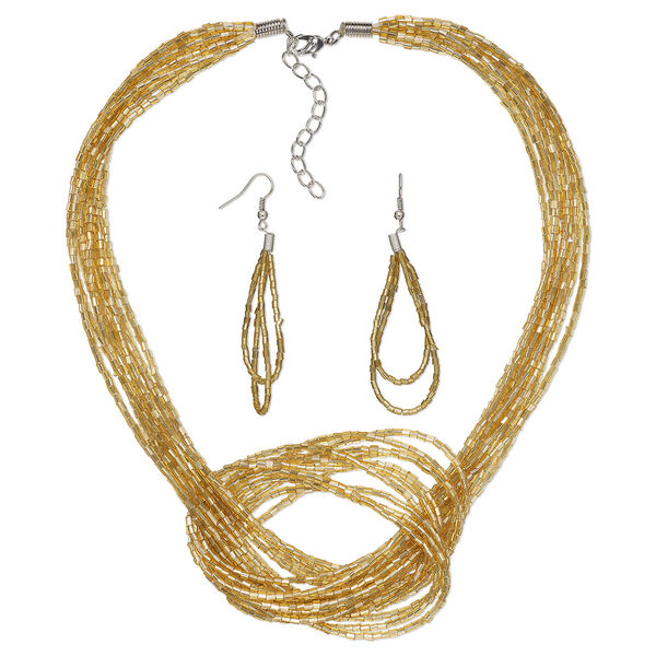 Necklace and earring set, Everyday Jewelry,  imitation rhodium-plated-steel and glass, light gold, 16-inches with 2-inch extender chain, 3-inch earrings with fishhook ear wires, 19 gauge. Sold per set. image number 0