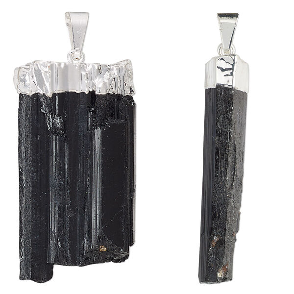 Pendant, black tourmaline (natural) with silver-plated copper and brass, 33x12mm-40x21mm freeform point. Sold individually. image number 0