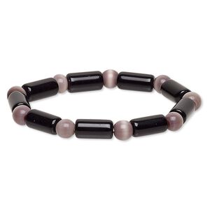 Bracelet, stretch, glass and cat's eye glass, opaque lavender and black, 7-8mm round and 14x7mm-15x8mm round tube, 6-1/2 inches. Sold individually.