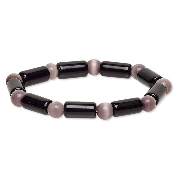 Bracelet, stretch, glass and cat's eye glass, opaque lavender and black, 7-8mm round and 14x7mm-15x8mm round tube, 6-1/2 inches. Sold individually. image number 0