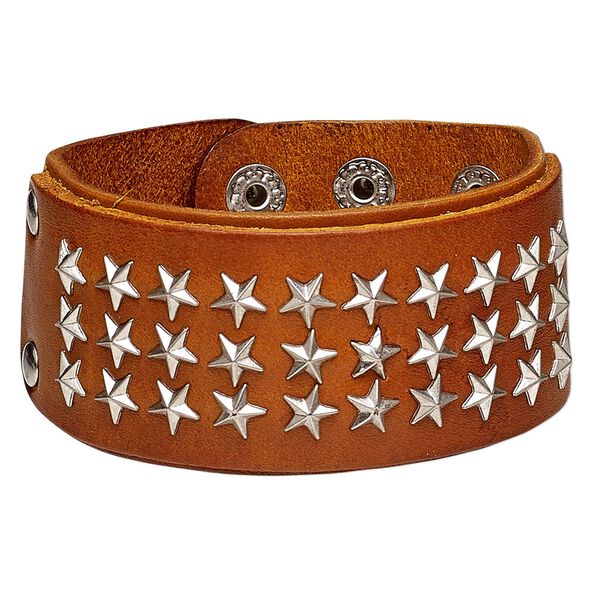 Bracelet, leather (dyed) with silver-plated steel and "pewter" (zinc-based alloy), tan, 41mm wide with star studs, adjustable from 5-1/2 to 7 inches with double snap closure. Sold individually. image number 0