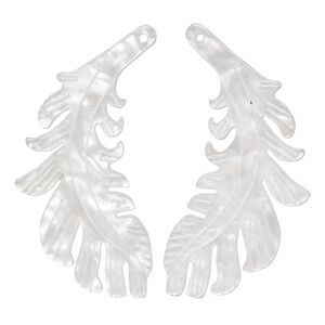 Focal, resin, white, 46x25mm single-sided left and right-facing carved feather. Sold per pair.