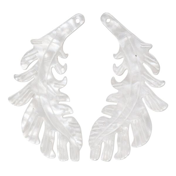 Focal, resin, white, 46x25mm single-sided left and right-facing carved feather. Sold per pair. image number 0