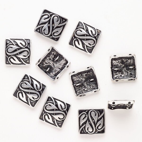 Bead spacer 1pkg10 "pewter" (zinc-based alloy) / enamel, 21-22mm square / leaf fits up to 13.5mm beads, antique silver finish / black image number 0