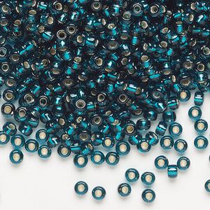 Seed bead, Miyuki, glass, pkg/250g, #8 rocaille, transparent silver-lined dark teal (RR-30).