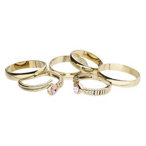 Ring mix, glass rhinestone and gold-finished brass, pink, 4mm and 8mm wide, size 5 to 12-1/2. Sold per pkg of 6.