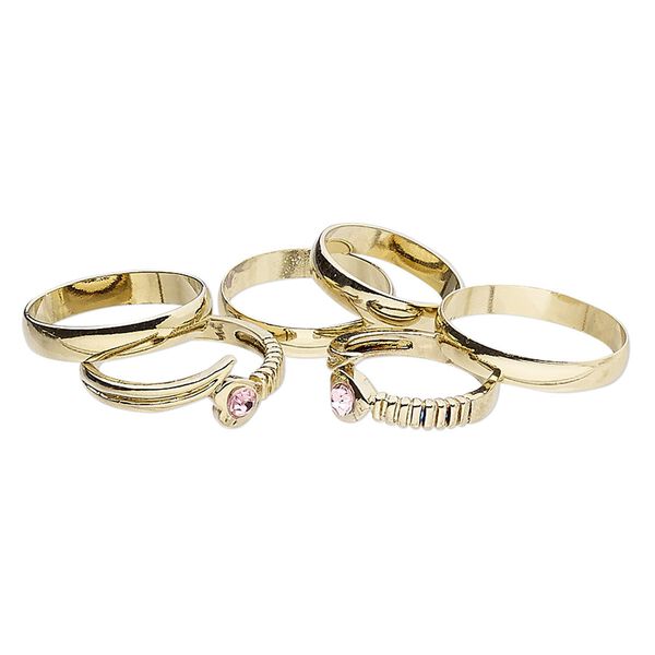 Ring mix, glass rhinestone and gold-finished brass, pink, 4mm and 8mm wide, size 5 to 12-1/2. Sold per pkg of 6. image number 0