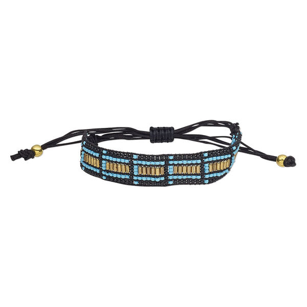Bracelet, waxed cotton cord / glass / gold-finished steel, black and turquoise blue, 16mm wide, adjustable from 6 to 9-1/2 inches with macramé knot closure. Sold individually. image number 0