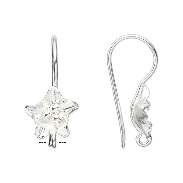 Ear wire 1pkg2 Hill Tribes fine silver, 27x11mm 5-petal flower / open loop, 1 pair image number 0