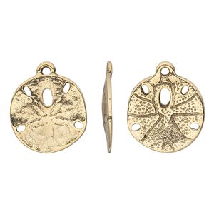 Charm, pewter (tin-based alloy), pkg/1, antique gold plate, 16mm sand dollar.