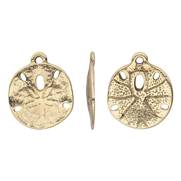 Charm, pewter (tin-based alloy), pkg/1, antique gold plate, 16mm sand dollar. image number 0
