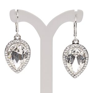 Earring, glass rhinestone / glass / imitation rhodium-plated brass / "pewter" (zinc-based alloy), clear, 41mm with teardrop and leverback ear wire. Sold per pair.