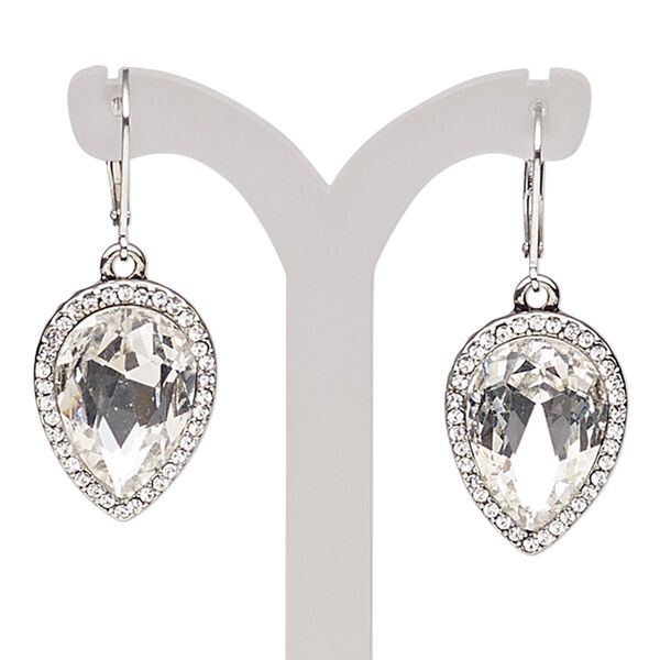 Earring, glass rhinestone / glass / imitation rhodium-plated brass / "pewter" (zinc-based alloy), clear, 41mm with teardrop and leverback ear wire. Sold per pair. image number 0