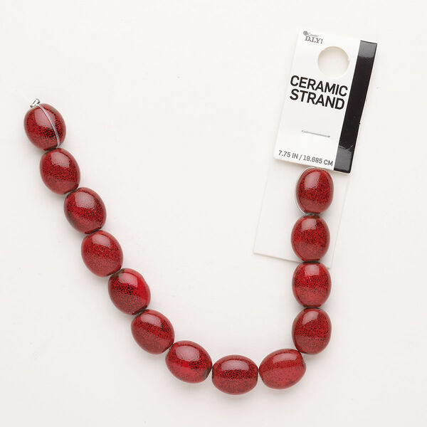 Bead, ceramic, pkg/7 inches, red, 15x13mm puffed oval. image number 0