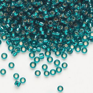 Seed bead, Miyuki, glass, pkg/50g, #8 rocaille, transparent silver-lined teal (RR-2425).