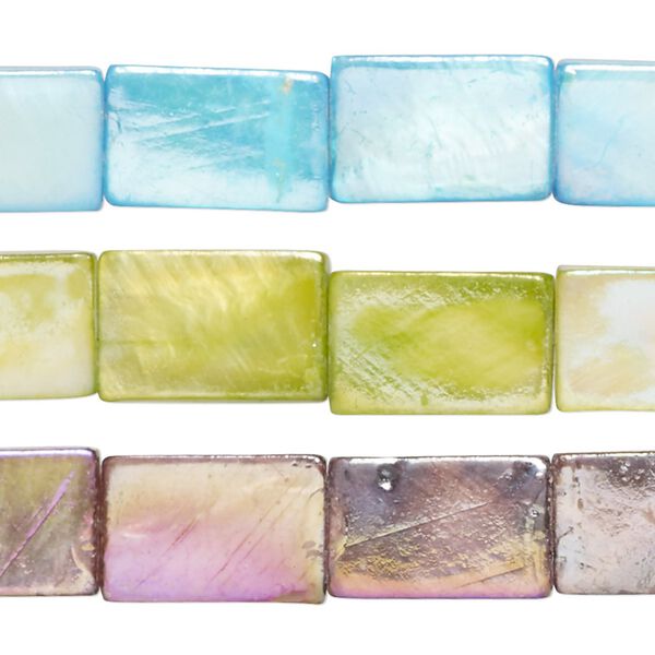Bead mix, mother-of-pearl shell (bleached / dyed), multicolored AB, 14x7mm-16x10mm flat rectangle with 0.4-0.6mm hole, Mohs hardness 3-1/2. Sold per pkg of (3) 15-inch strands. image number 0