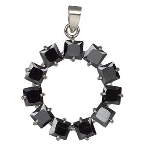 Pendant, antique silver-finished "pewter" (zinc-based alloy) and cubic zirconia, black, 33mm circle. Sold individually.