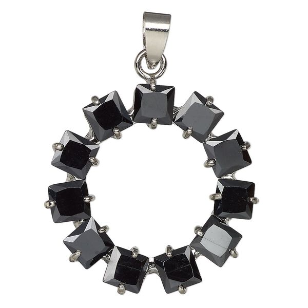 Pendant, antique silver-finished "pewter" (zinc-based alloy) and cubic zirconia, black, 33mm circle. Sold individually. image number 0