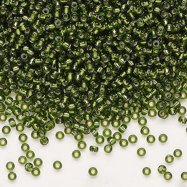 Seed bead, Miyuki, glass, pkg/25g, #11 rocaille, transparent silver-lined olive green (RR-26). image number 0